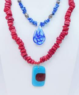 Artisan Dyed Coral & Faux Lapis Art Glass Pendant Necklaces