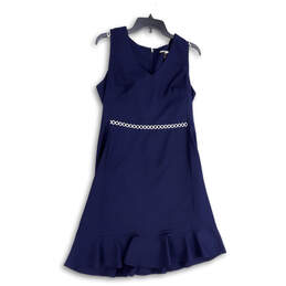 Womens Blue Sleeveless Ruffled V-Neck Knee Length A-Line Dress Size 10