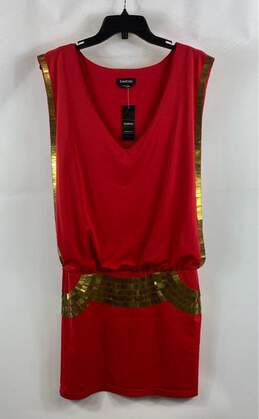 NWT Bebe Womens Red Gold Armor Beaded V-Neck Cocktail Mini Dress Size Small