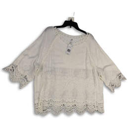 NWT Womens White Lace Embroidered Round Neck 3/4 Sleeve Blouse Top Size 1X