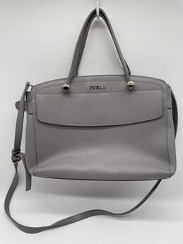Authentic Womens Gray Leather Inner Pockets Adjustable Strap Shoulder Bag