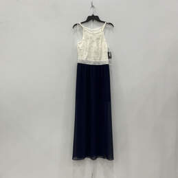 NWT Womens Blue White Sleeveless Lace Round Neck Long Maxi Dress Size Large