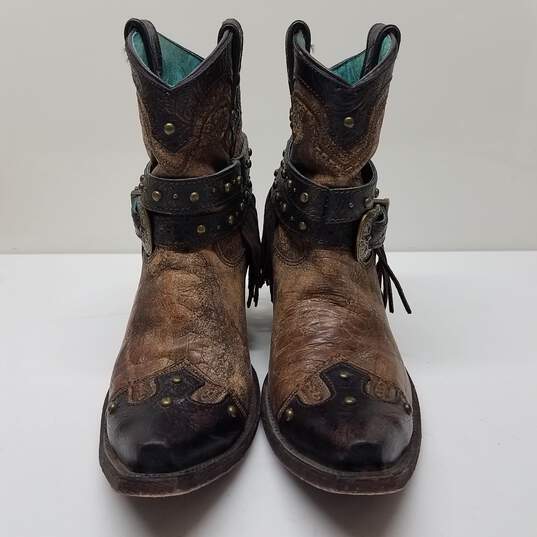Vintage Corral Western Fringe Studded Metallic Cognac Ankle Boot Size 8 image number 2