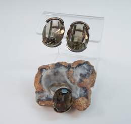 Taxco Mexico 925 Modernist Smoky Glass Faceted Oval Post Earrings & Ring Set