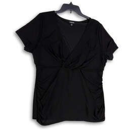 Womens Black V-Neck Side Ruched Short Sleeve Pullover Blouse Top Size 1