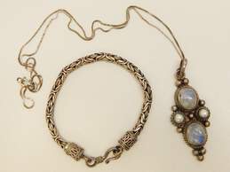 Artisan 925 Moonstone & Pearl Granules Pendant Necklace & Bali Chain Bracelet