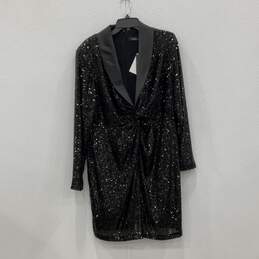 NWT Lauren Ralph Lauren Womens Black Sequin Shawl Collar Back Zip Mini Dress 16
