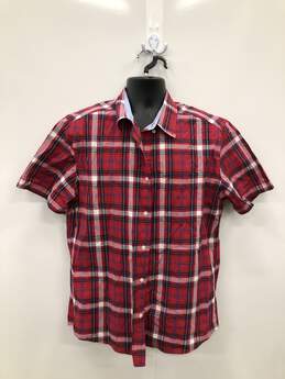 Men's Sz L Short Sleeved Red Plaid Button Up Casual Shirt