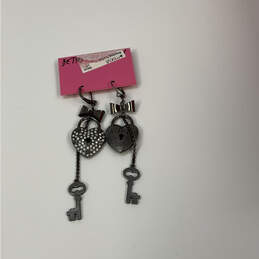 Designer Betsey Johnson Silver-Tone Heart Lock Bow Key Dangle Earrings alternative image