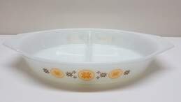 Pyrex Vintage Glass Oval Divided Dish in Town and Country Pattern Brown and Yellow Bake Ware alternative image