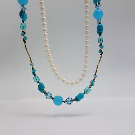 10k Gold Fw Pearl & Aqua Gemstone Necklace Bundle 2pcs 28.5g image number 1