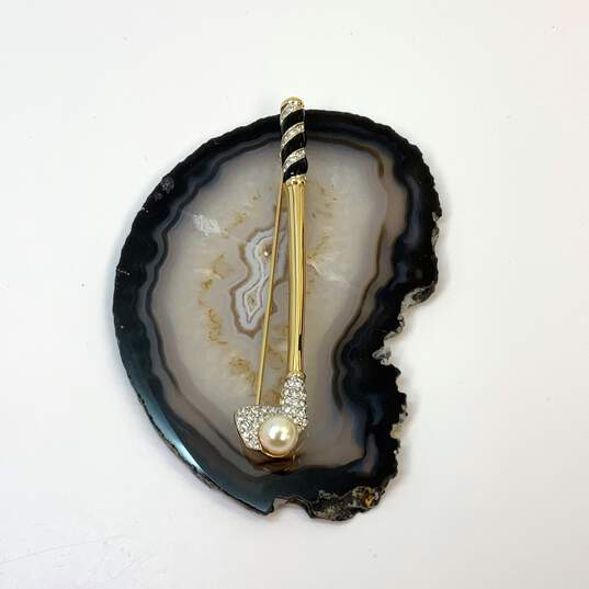 Designer Swarovski Gold-Tone Clear Crystal Black Enamel Pin Brooch image number 1