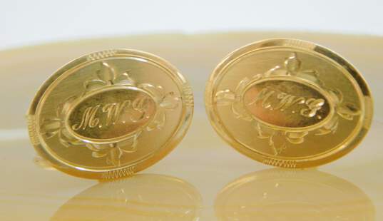 Vintage 10K Gold  Etched Initials Monogram & Floral Filigree Oval Cuff Links 6.2g image number 1