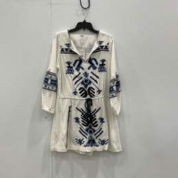 NWT Free People Womens White Blue Embroidered Long Sleeve Mini Dress Size SP