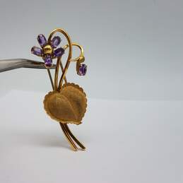 Fred Paris 18k Gold Heart Flowers Amethyst 2 Inch Brooch Pin 10.3g alternative image