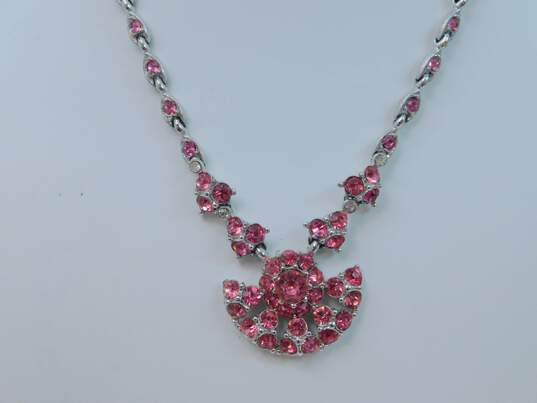 Vintage Bogoff Pink & Clear Icy Rhinestone Pendant Necklace & Horseshoe Brooch 42.7g image number 2