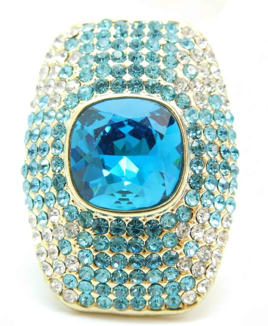 Akkad Goldtone Blue Rainbow & Clear Crystals Oval & Rectangle Chunky Statement Rings 43g image number 5