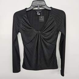 Black Striped Front Knot Long Sleeve Top