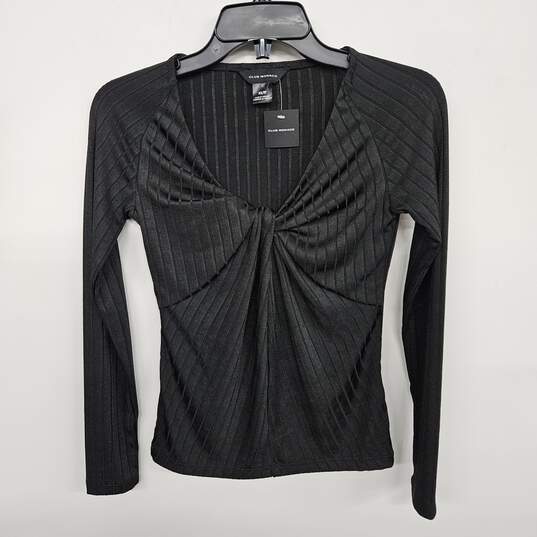 Black Striped Front Knot Long Sleeve Top image number 1