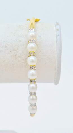 14K Yellow Gold 0.25 CTTW Diamond & Pearl Hinged Bangle Bracelet 11.8g alternative image