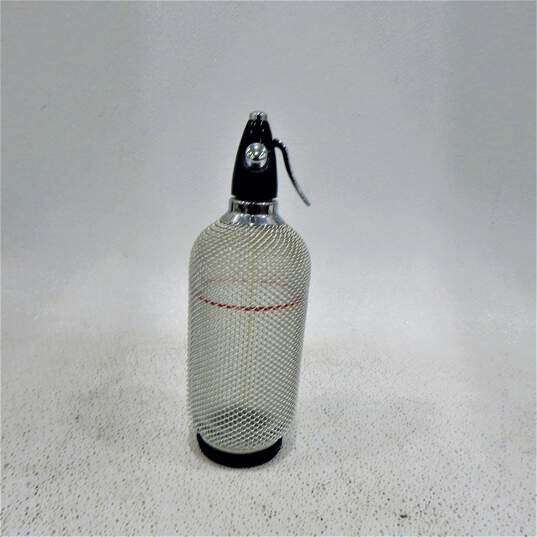 Vntg Soda Siphon Seltzer Glass Bottle With Wire Mesh Cover image number 2