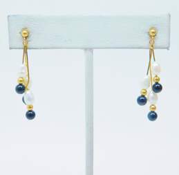 14K Gold White Pearl Onyx & Ball Beaded Cobra Chains Tassel Drop Post Earrings 2.0g