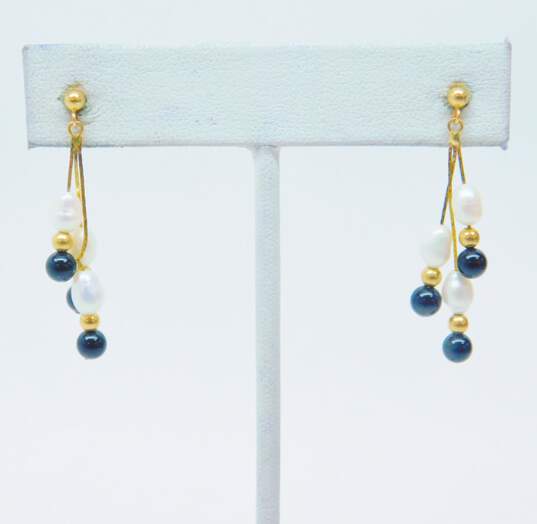 14K Gold White Pearl Onyx & Ball Beaded Cobra Chains Tassel Drop Post Earrings 2.0g image number 1