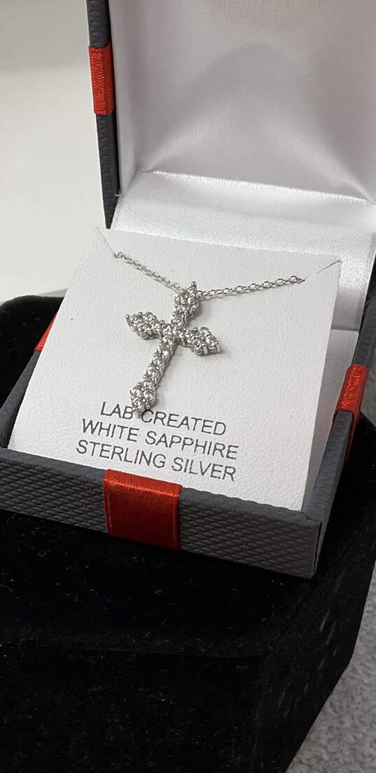 White Sapphire Sterling Silver Cross Necklace. image number 3