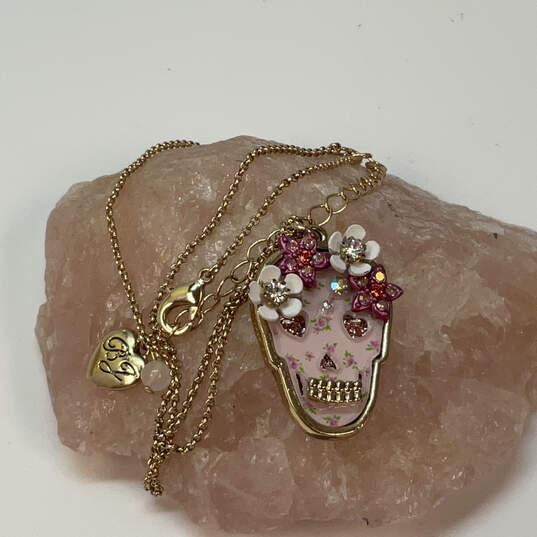 Designer Betsey Johnson Gold-Tone Link Chain Floral Skull Pendant Necklace image number 1