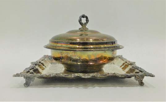 Vintage Silver Plate Round Covered Dish Bowl W/ Square Footed Serving Tray Platter image number 1