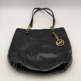 Michael Kors Womens Black Gold Leather Snake Skin Bag Charm Tote Handbag