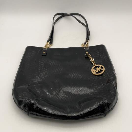 Michael Kors Womens Black Gold Leather Snake Skin Bag Charm Tote Handbag image number 1