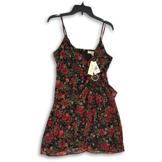 NWT Row .A Womens Pink Black Floral V-Neck Sleeveless Back Zip Mini Dress Size M image number 1