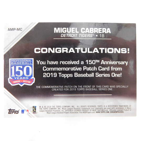 2019 Miguel Cabrera Topps 150th Anniversary Commemorative Patch Detroit Tigers image number 3