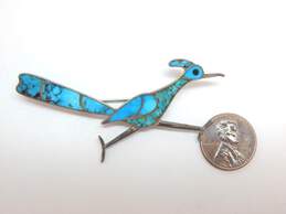 Signed CCW 925 Southwestern Turquoise Chips & Inlay Roadrunner Bird Brooch 7.5g