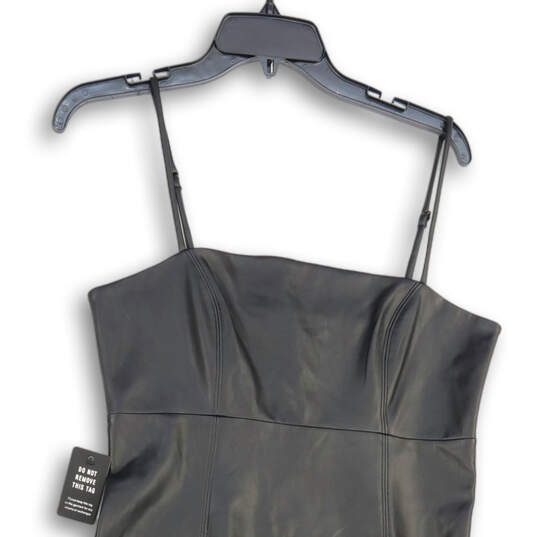NWT Womens Black Leather Front Slit Spaghetti Strap Midi Bodycon Dress Sz M image number 3