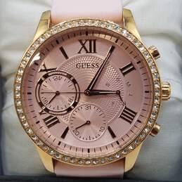 Guess 39mm Gold Tone Case Crystal Bezel Pink Band Lady's Oversize   Chronograph Quartz Watch