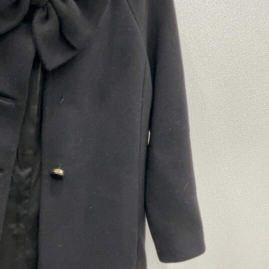 Womens Black Long Sleeve Side Collar Bow Button Front Overcoat Size Small image number 4