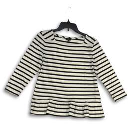 Talbots Womens White Black Striped Square Neck 3/4 Sleeve Blouse Top Size S