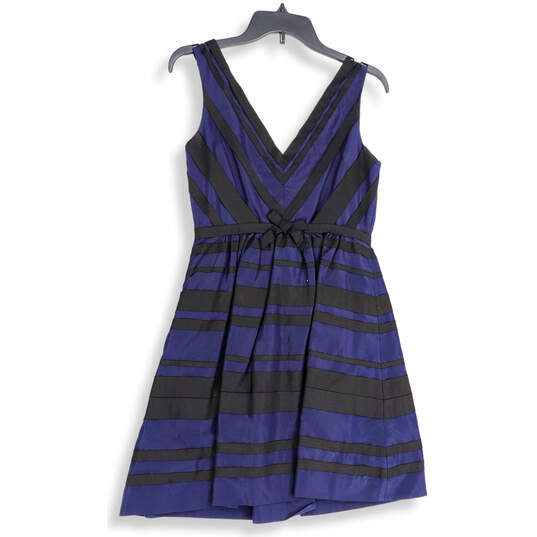 Womens Blue Black Striped Sleeveless V-Neck Short Fit & Flare Dress Size 2 image number 3