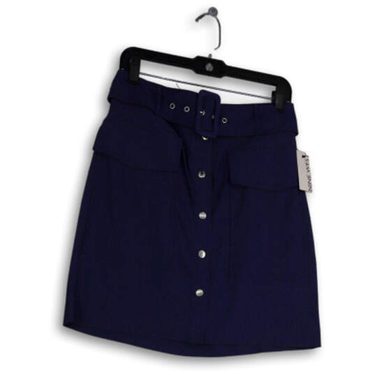 NWT Womens Blue Flat Front Button Pockets Belted Mini Skirt Size Medium image number 1
