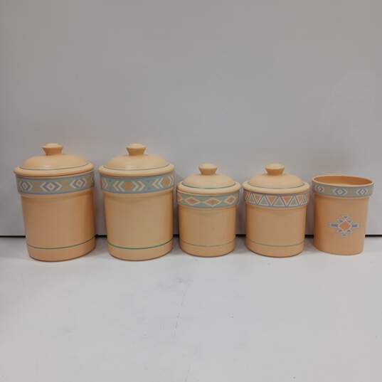 Set of 5 Treasure Craft Southwest Terracotta Canisters with 4 Lids image number 1