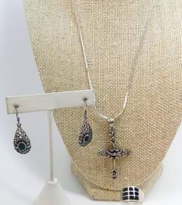 Taxco 925 Fleur De Lis Cross Pendant Necklace Scroll Earrings & Black Lines Ring