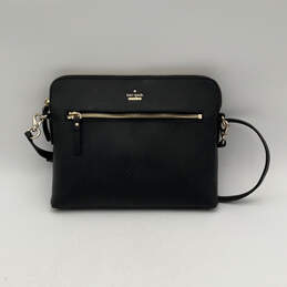 Womens Black Leather Outer Pockets Detachable Strap Zip Crossbody Bag