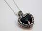 Romantic 925 Onyx & Marcasite Heart Pendant Necklace & Dome Band Ring 27.8g image number 3