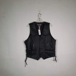 Mens Leather V-Neck Sleeveless Button Front Motorcycle Vest Size Large