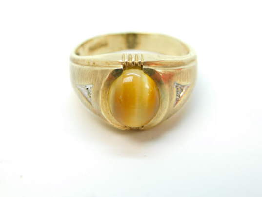 Men's Vintage 10K Gold Oval Yellow Cat's Eye Cabochon Diamond Accent Side Stones Ring 5.5g image number 1