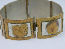 Taxco Mexico 925 & Brass Eagle & Snake Warriors & Aztec Calendar Tapered Wide Paneled Bracelet 46.2g