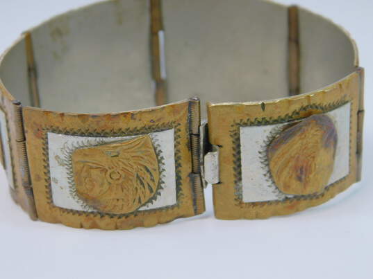 Taxco Mexico 925 & Brass Eagle & Snake Warriors & Aztec Calendar Tapered Wide Paneled Bracelet 46.2g image number 1