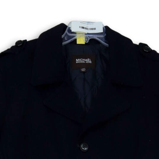 Mens Black Long Sleeve Pockets Notch Lapel One Button Wool Coat Size Large image number 3